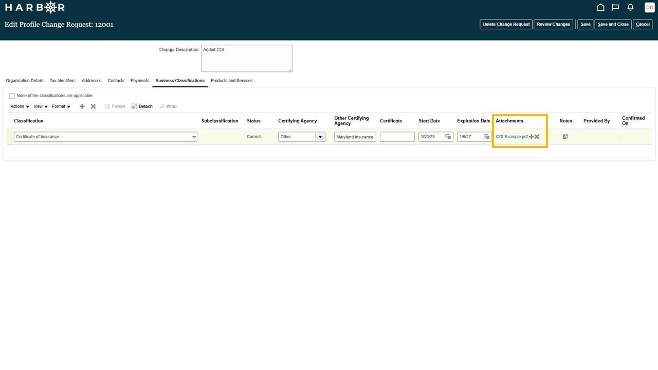 The "Slide10.JPG" image shows a HARBOR business classification form with the Attachments field highlighted in yellow.