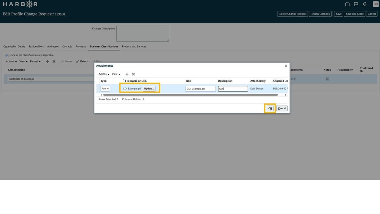The "Slide11.JPG" image shows a HARBOR Attachments modal dialog with the File Name field and OK button highlighted in yellow.