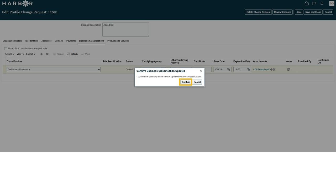 The "Slide13.JPG" image shows a HARBOR confirmation modal to "Confirm Business Classification Updates" with the "Confirm" button highlighted in yellow.