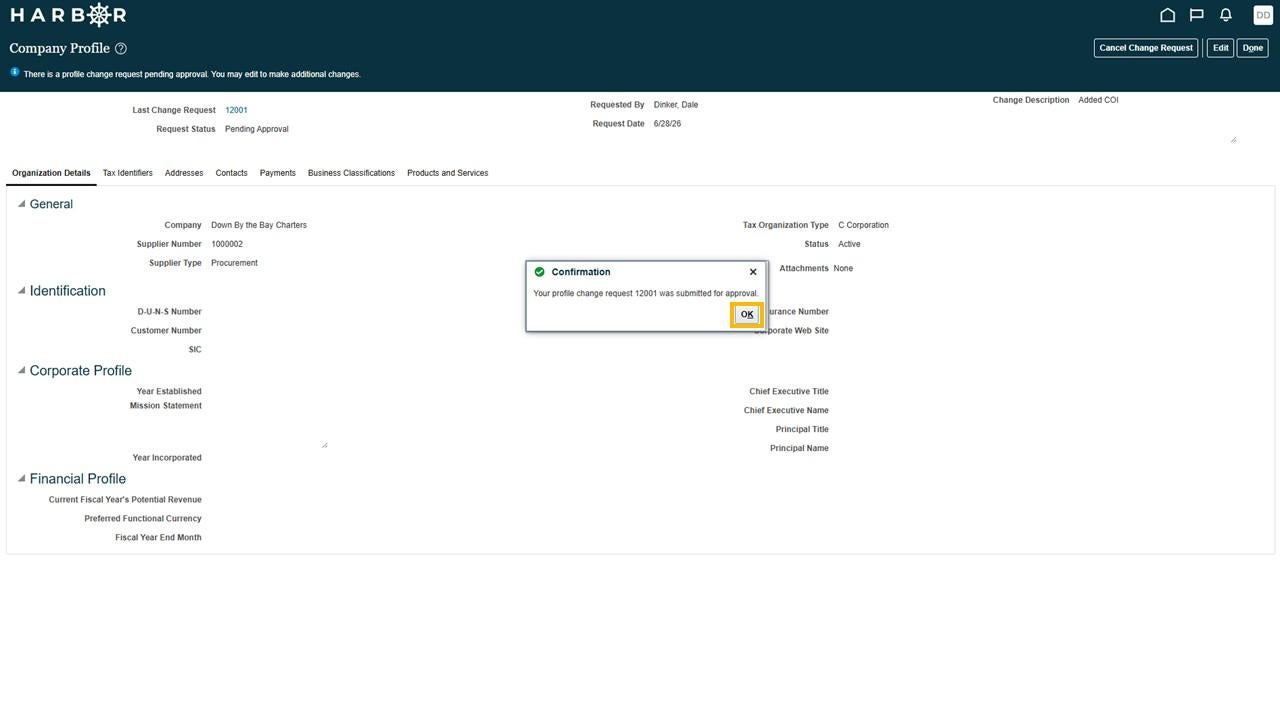 The "Slide15.JPG" image shows a HARBOR success confirmation modal on the Company Profile page with the "OK" button highlighted in yellow.