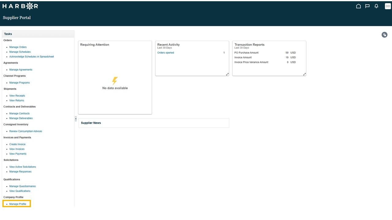 The "Slide2.JPG" image shows the HARBOR Supplier Portal dashboard with "Manage Profile" highlighted in the left sidebar.