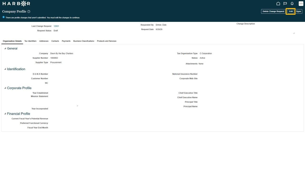 The "Slide3.JPG" image shows the HARBOR "Company Profile" overview screen with the "Edit" button highlighted in yellow.