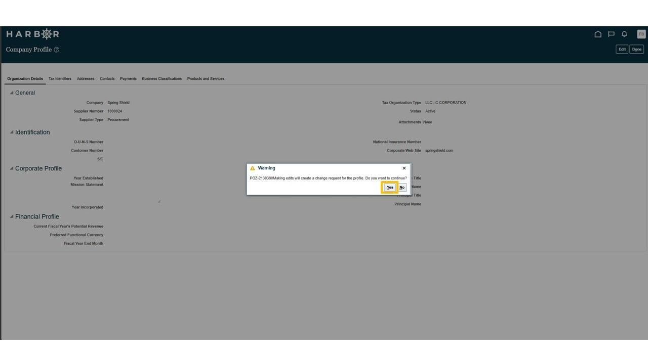 The "Slide4.JPG" image shows a HARBOR warning modal message on the Company Profile page with the "Yes" button highlighted in yellow.