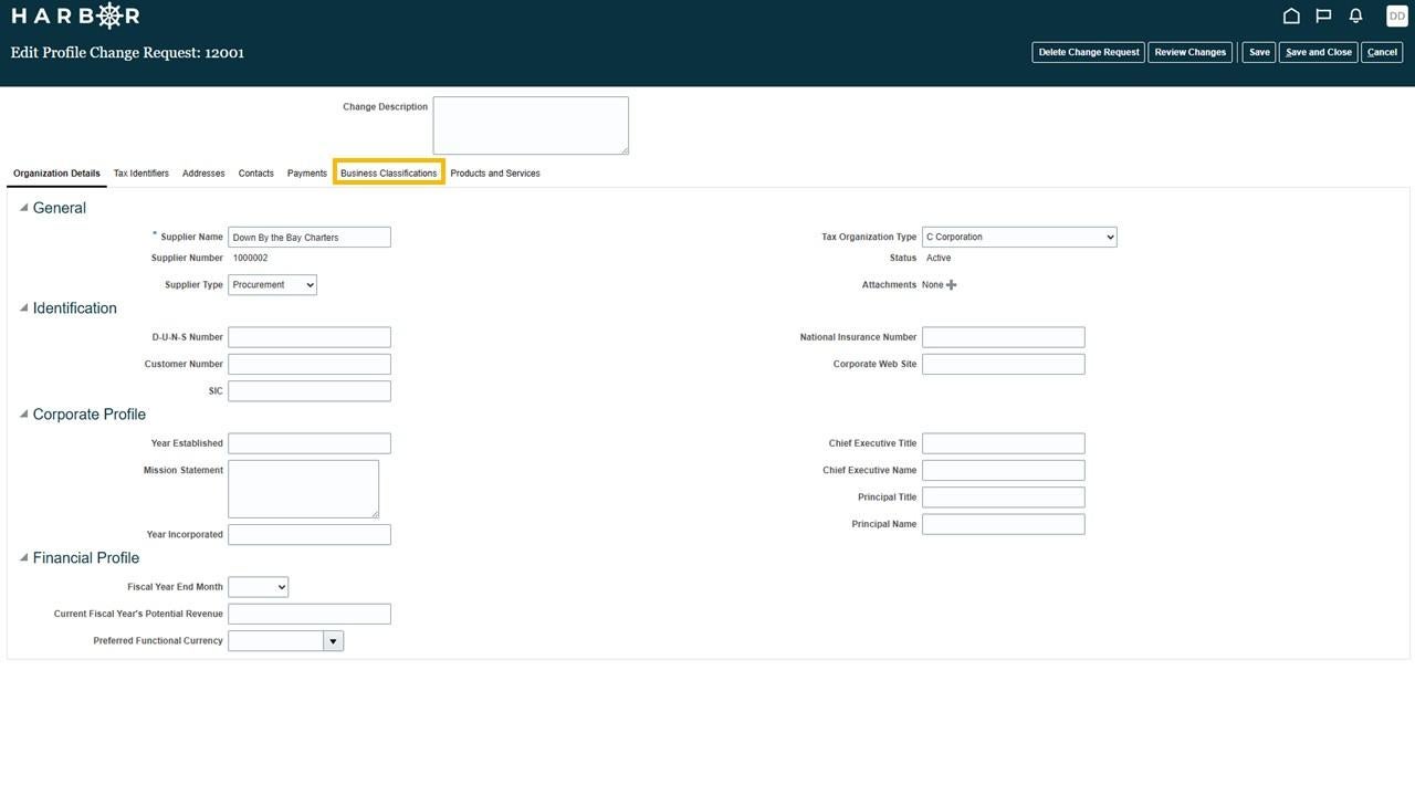 The "Slide5.JPG" image shows the HARBOR "Edit Profile Change Request" page with the "Business Classifications" tab highlighted in yellow.