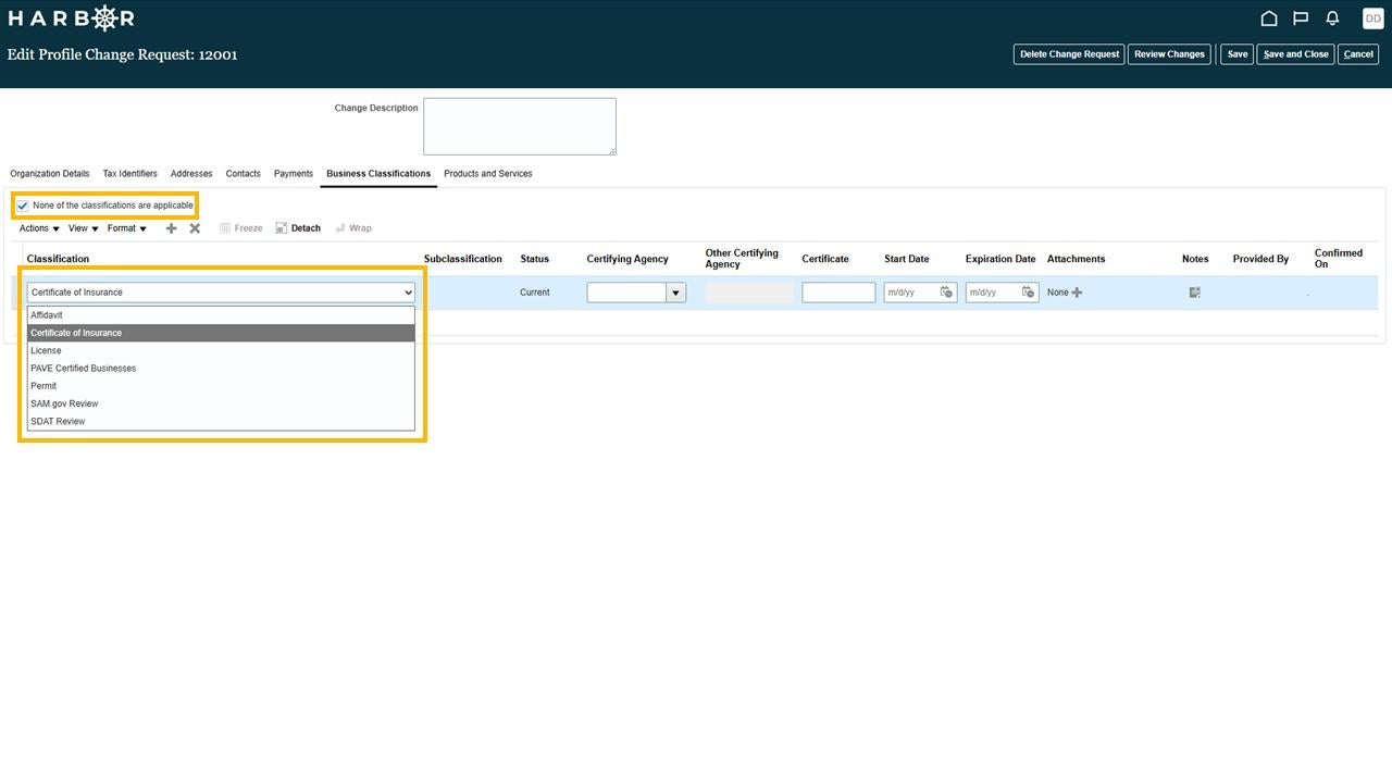 The "Slide7.JPG" image shows the HARBOR Business Classifications dropdown list and a checkbox highlighted in yellow.