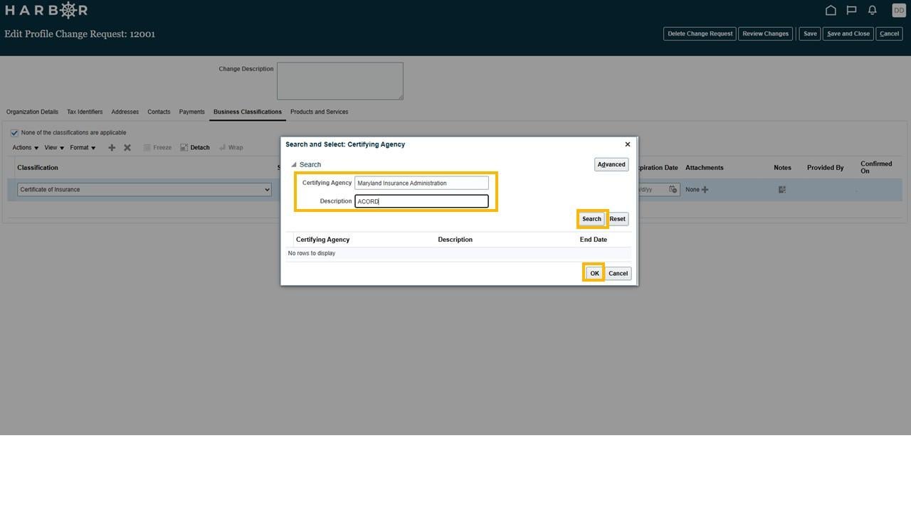 The "Slide8.JPG" image shows a HARBOR Certifying Agency search modal with input fields, Search, and OK buttons highlighted in yellow.