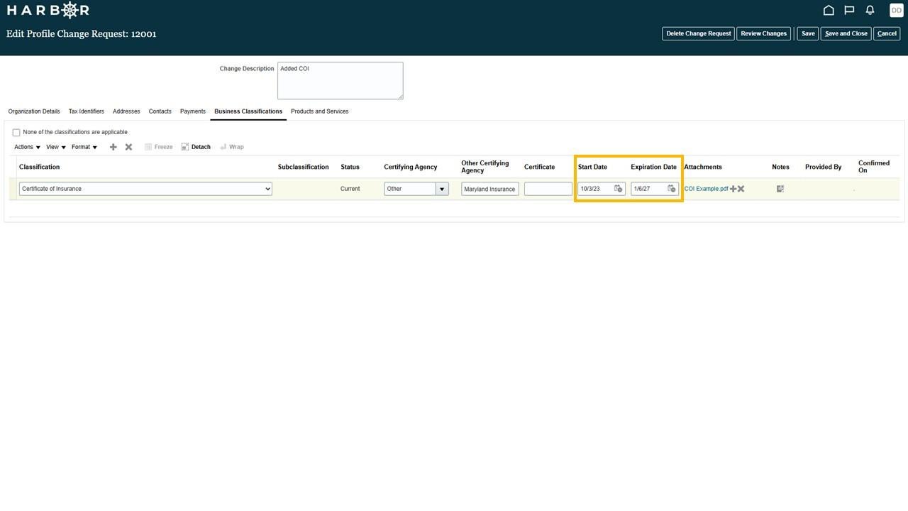 The "Slide9.JPG" image shows a HARBOR business classification form with Start Date and Expiration Date highlighted in yellow.