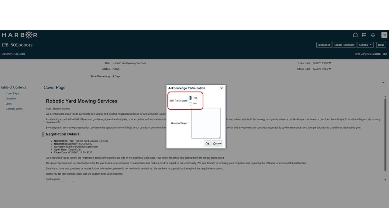 The "Submit IFB 10.JPG" image shows a HARBOR "Acknowledge Participation" modal with the "Yes" radio button option highlighted in red.