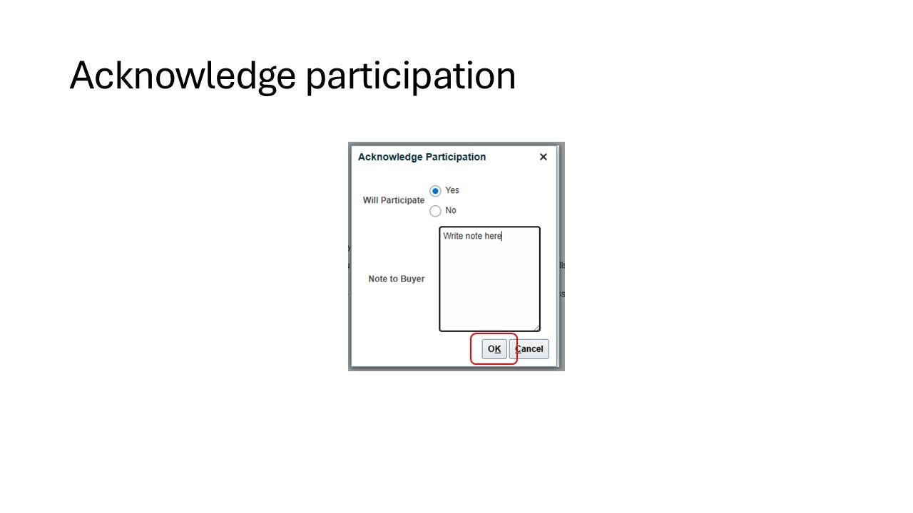 The "Submit IFB 11.JPG" image shows a close-up of the "Acknowledge Participation" modal with the "OK" button highlighted in red.