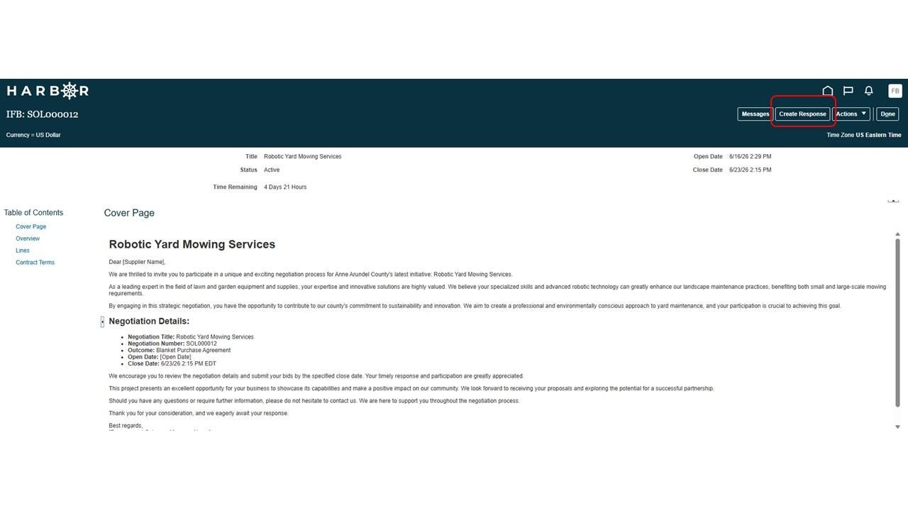The "Submit IFB 12.JPG" image shows the HARBOR Cover Page for IFB: SOL000012 with the "Create Response" button highlighted in red.