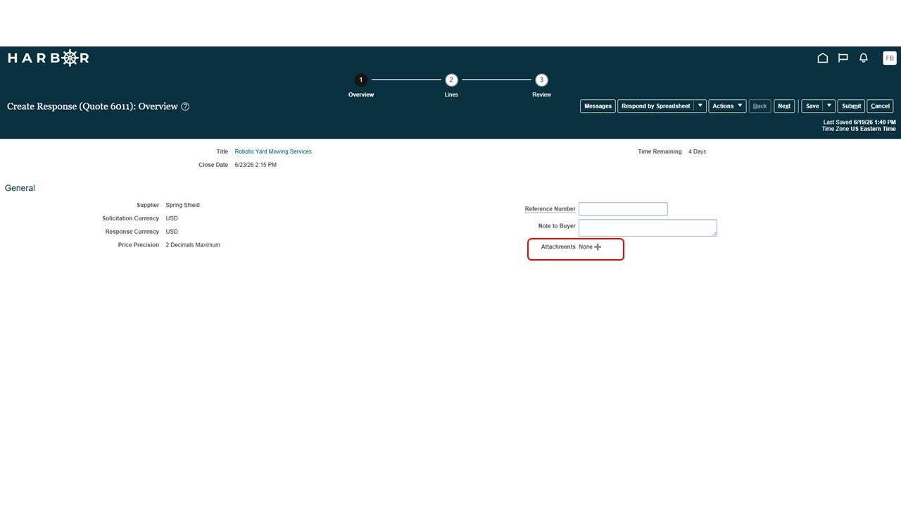 The "Submit IFB 13.JPG" image shows the HARBOR "Create Response: Overview" page with the Attachments add icon highlighted in red.