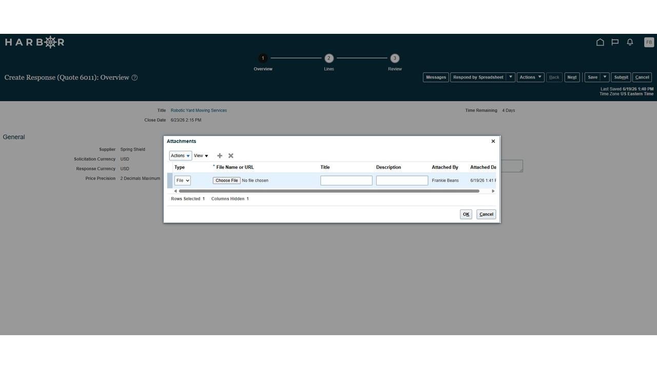 The "Submit IFB 14.JPG" image shows a HARBOR Attachments modal dialog on the Create Response Overview page.