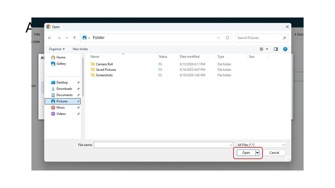 The "Submit IFB 16.JPG" image shows a Windows file explorer "Open" dialog window with the "Open" button highlighted in red.