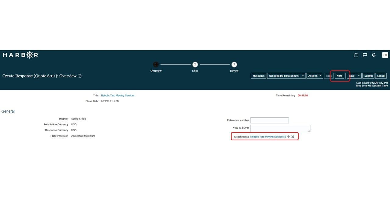 The "Submit IFB 18.JPG" image shows the HARBOR "Create Response: Overview" page with the attached file and the "Next" button highlighted in red.