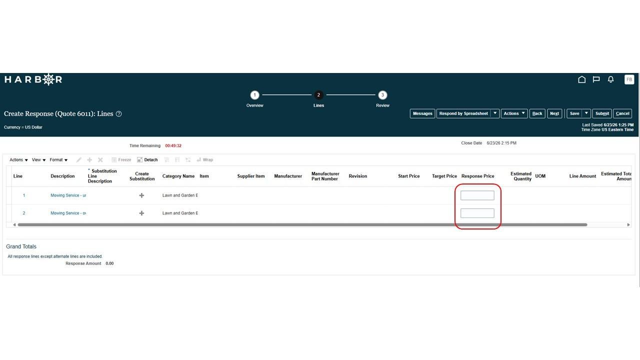 The "Submit IFB 19.JPG" image shows the HARBOR "Create Response: Lines" page with empty Response Price text boxes highlighted in red.