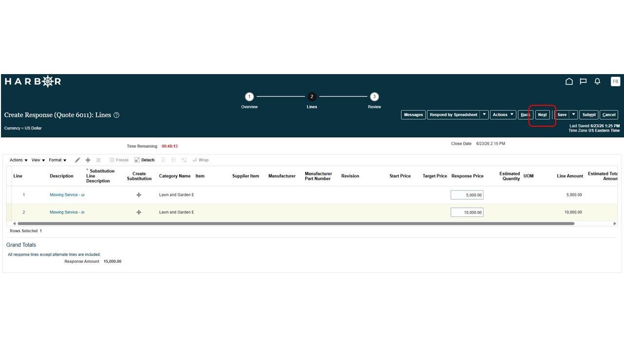 The "Submit IFB 20.JPG" image shows the HARBOR "Create Response: Lines" page with completed response prices and the "Next" button highlighted in red.