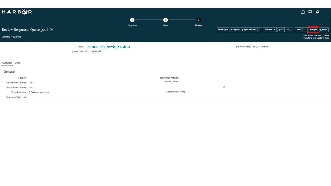 The "Submit IFB 21.JPG" image shows the HARBOR "Review Response: Quote 5006" page with the "Submit" button highlighted in red.