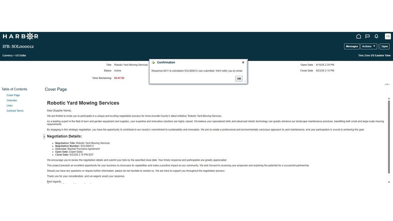 The "Submit IFB 22.JPG" image shows a HARBOR success confirmation modal stating that Response 6011 was submitted, with an OK button.