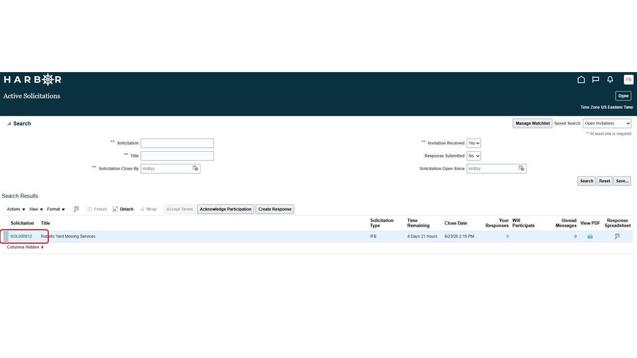 The "Submit IFB 5.JPG" image shows HARBOR Active Solicitations search results with "SOL000012" highlighted in red.