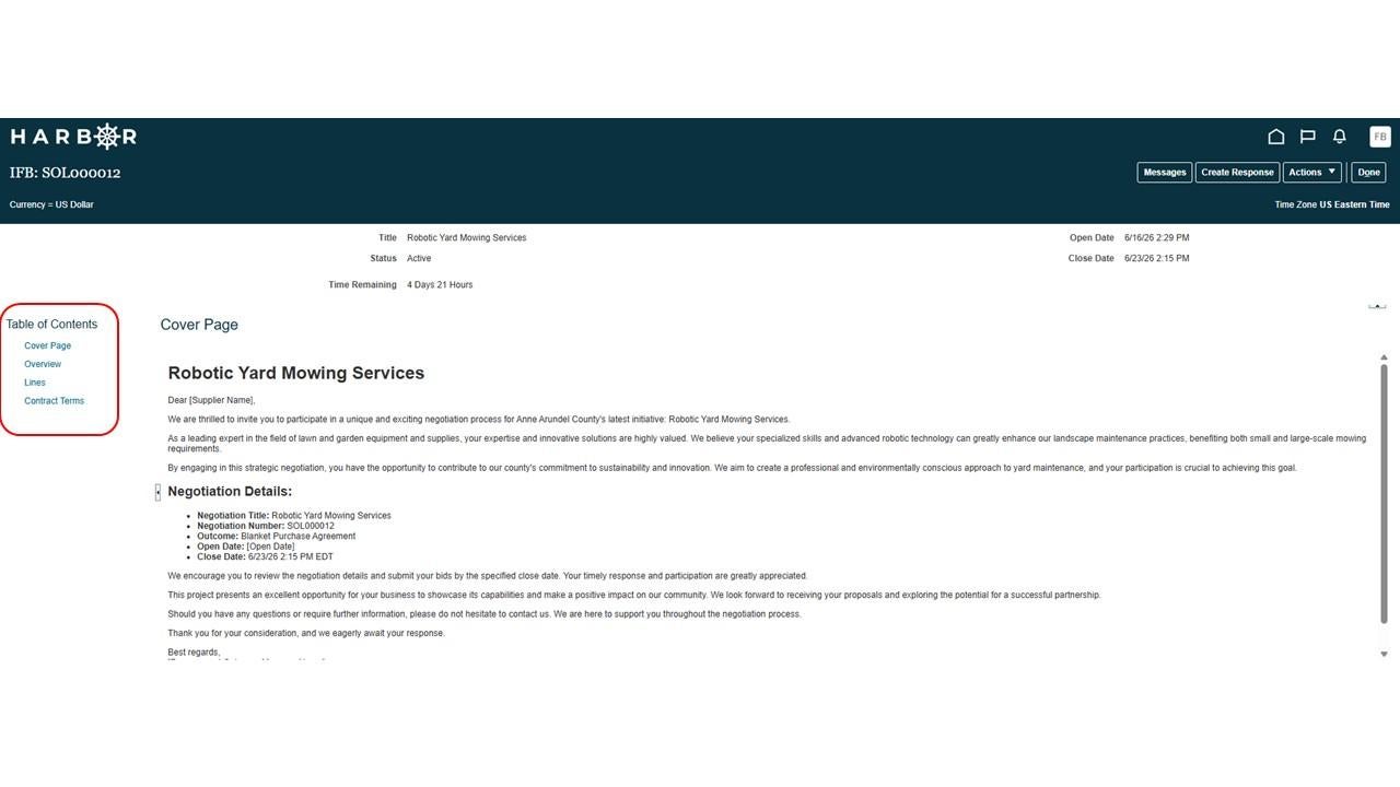 The "Submit IFB 6.JPG" image shows the HARBOR Cover Page for IFB: SOL000012 with the Table of Contents section highlighted in red.