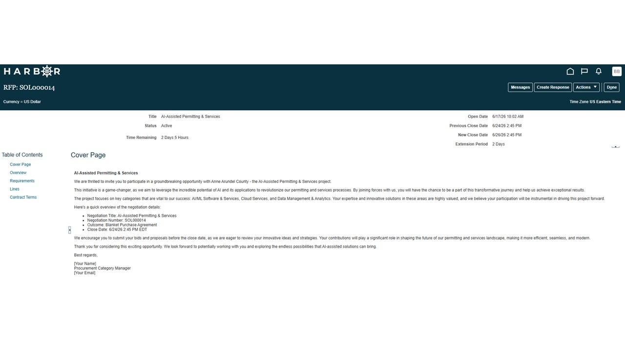Harbor RFP screen displaying completed message