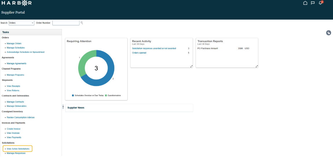 Harbor supplier portal screen with yellow box around the "view active solicitations" option