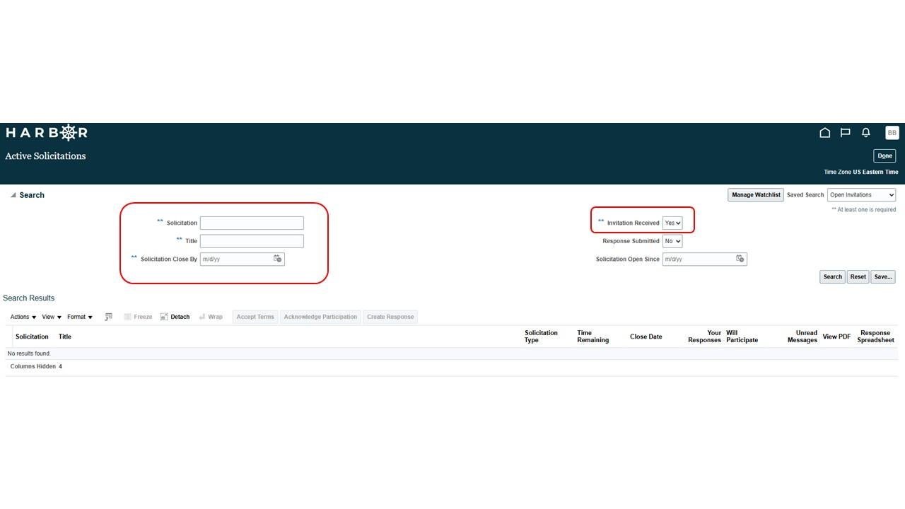 Harbor active solicitations screen with a red box highlighting "solicitation" section and "invitation received drop-down" section