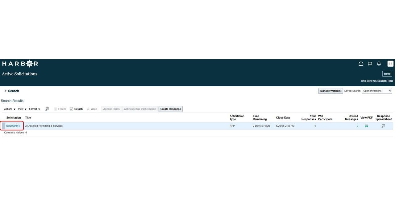 Harbor active solutions screen with a red box highlighting "solicitation" number