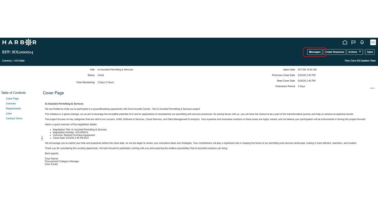 Harbor RFP screen with a red box highlighting "messages" button in the upper right portion of the screen