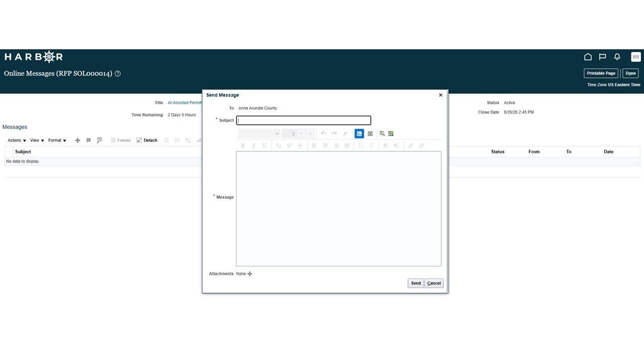 Harbor online messages screen displaying "Send Message" pop-up properties box 