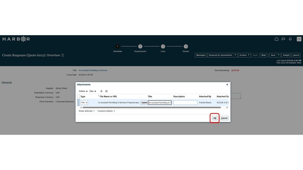 The "Submit RFP 10.JPG" image shows a HARBOR Attachments modal with an attached file and the "OK" button highlighted in red.