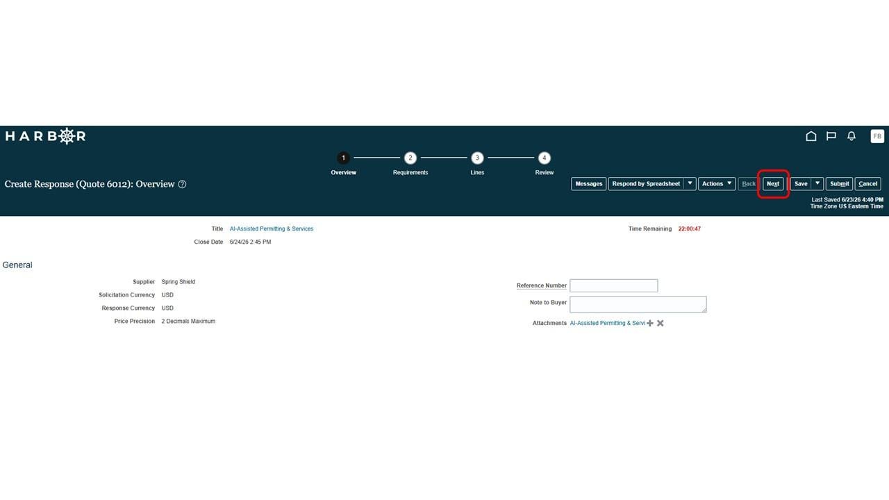 The "Submit RFP 11.JPG" image shows the HARBOR "Create Response: Overview" page with the "Next" button highlighted in red.