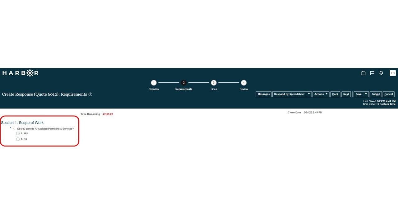 The "Submit RFP 12.JPG" image shows the HARBOR "Create Response: Requirements" page with a "Scope of Work" question highlighted in red.