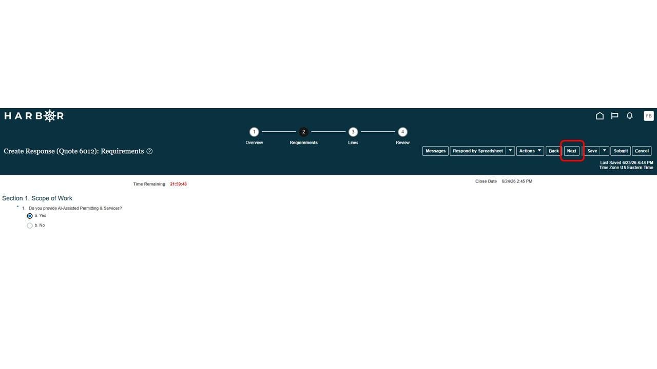 The "Submit RFP 13.JPG" image shows the HARBOR "Create Response: Requirements" page with the "Next" button highlighted in red.