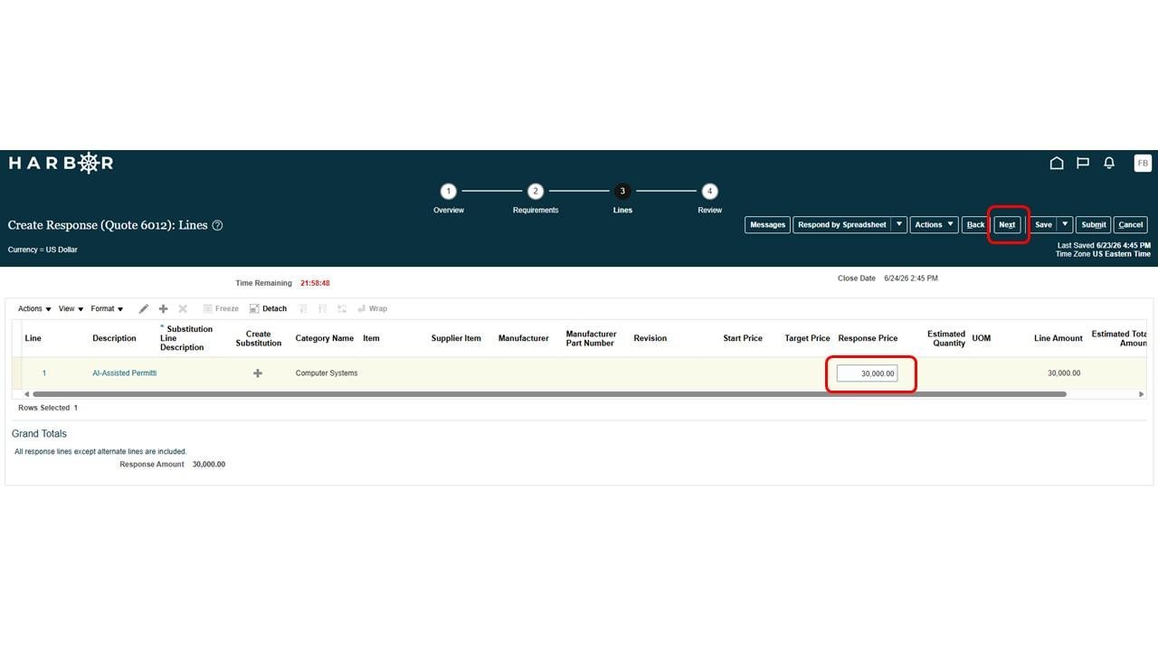 The "Submit RFP 14.JPG" image shows the HARBOR "Create Response: Lines" page with the Response Price field and "Next" button highlighted in red.