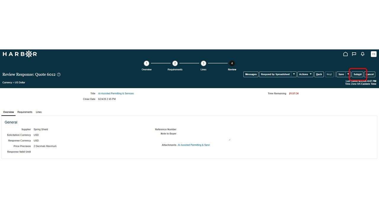 The "Submit RFP 15.JPG" image shows the HARBOR "Review Response: Quote 6012" page with the "Submit" button highlighted in red.