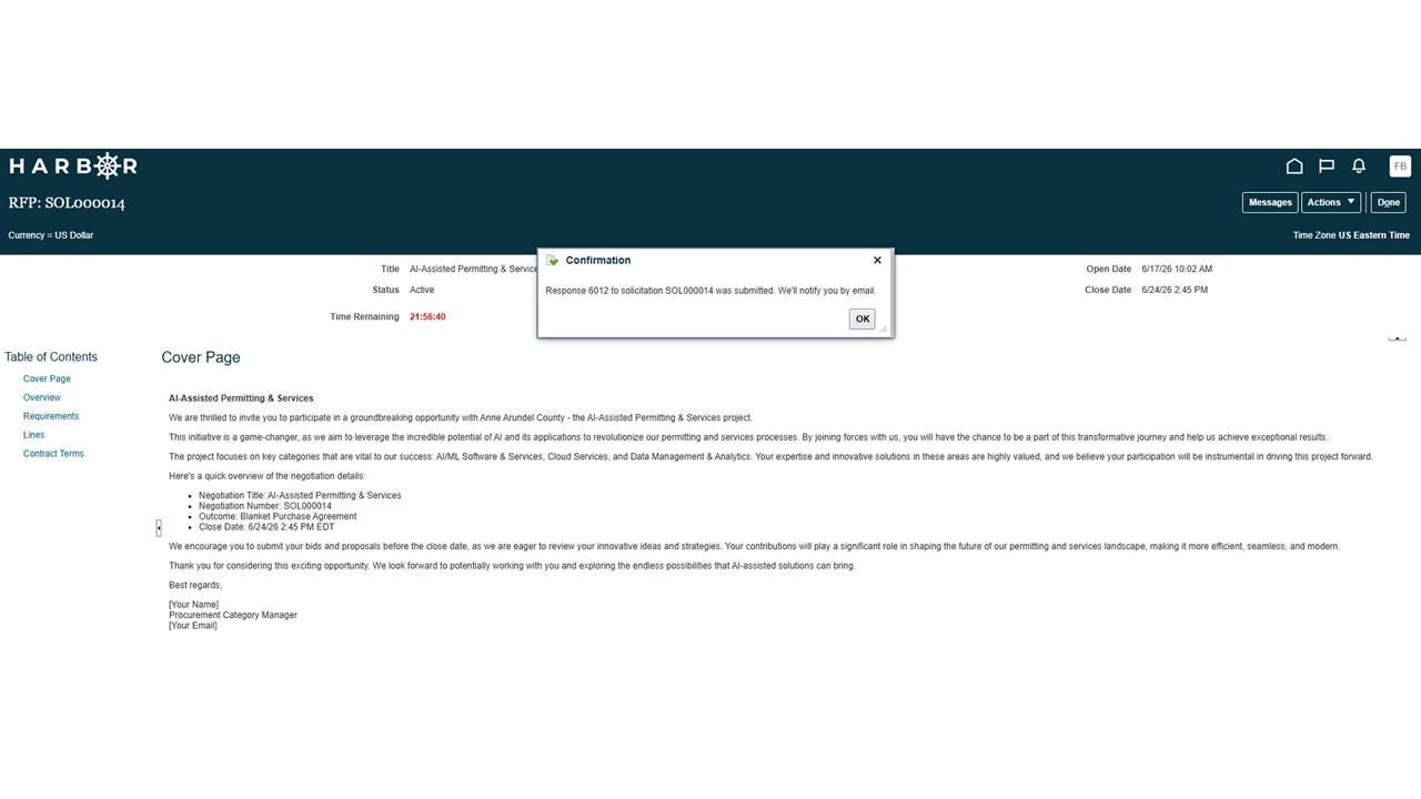 The "Submit RFP 16.JPG" image shows a HARBOR success confirmation modal stating that Response 6012 was submitted, with an OK button.