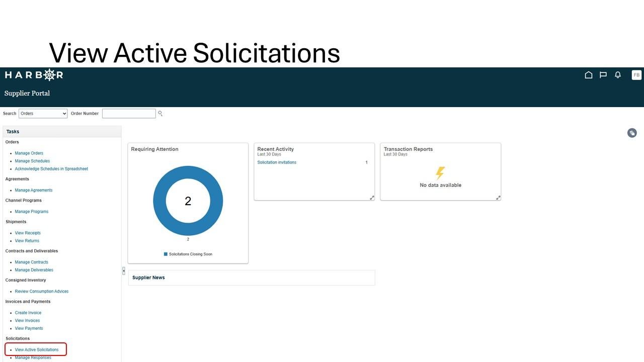 The "Submit RFP 3.JPG" image shows the HARBOR Supplier Portal dashboard with "View Active Solicitations" highlighted in a red box.