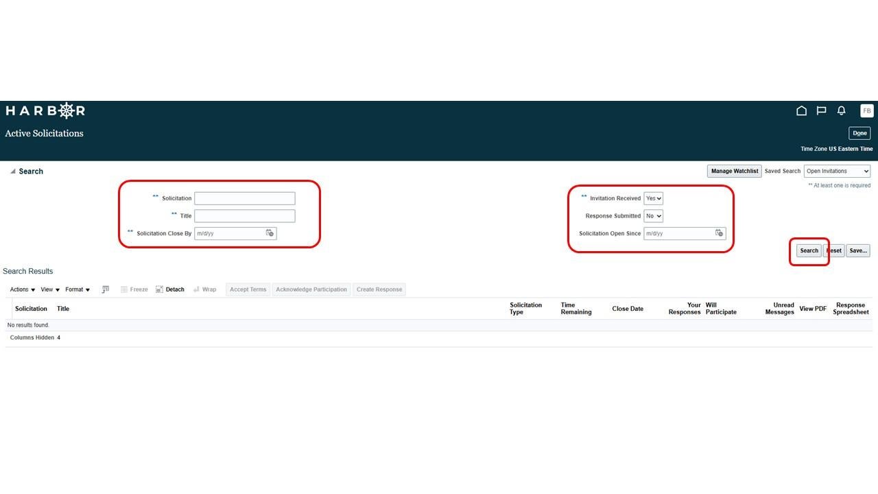 The "Submit RFP 4.JPG" image shows the HARBOR Active Solicitations search filters and Search button highlighted in red.
