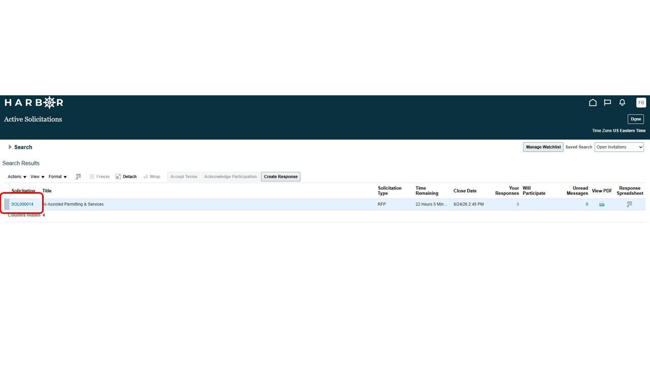 The "Submit RFP 5.JPG" image shows HARBOR Active Solicitations search results with "SOL000014" highlighted in red.
