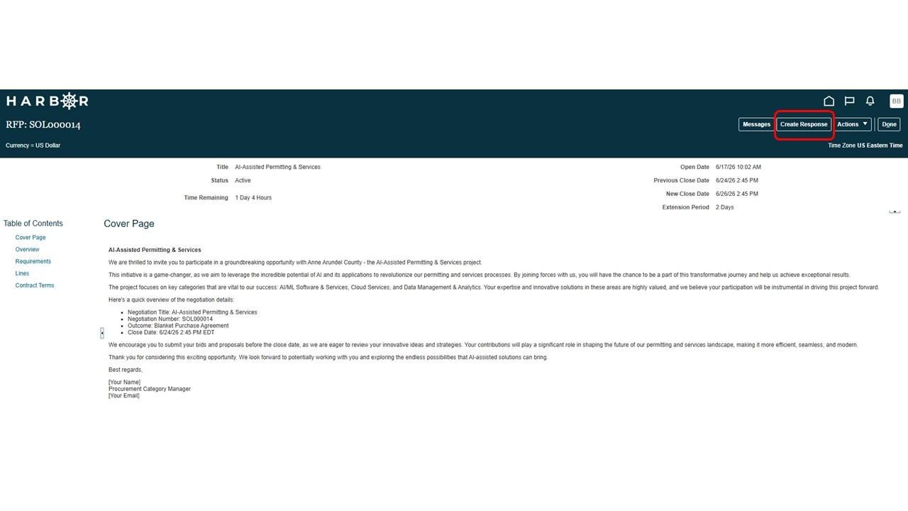 The "Submit RFP 6.JPG" image shows the HARBOR Cover Page for RFP: SOL000014 with the "Create Response" button highlighted in red.