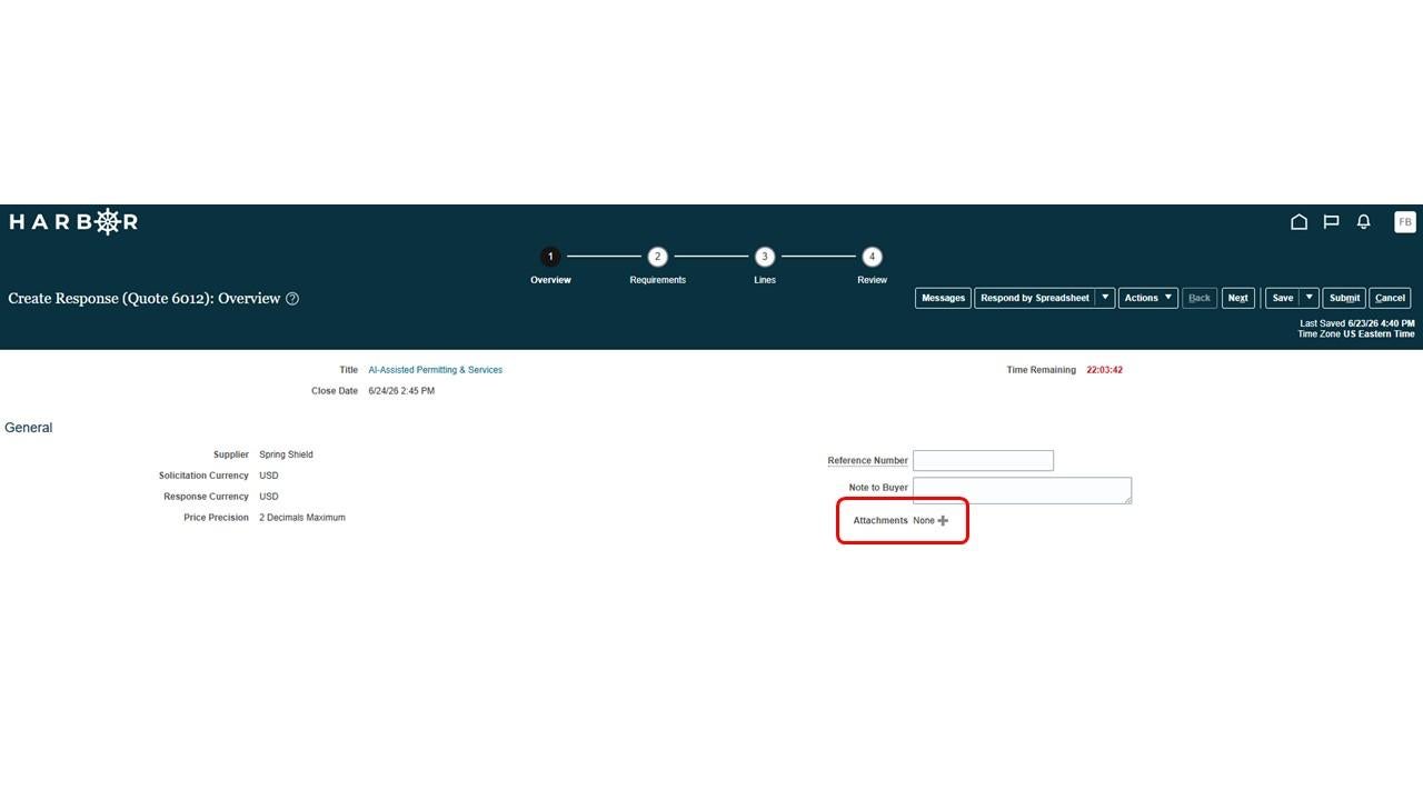 The "Submit RFP 7.JPG" image shows the HARBOR "Create Response: Overview" page with the Attachments add icon highlighted in red.