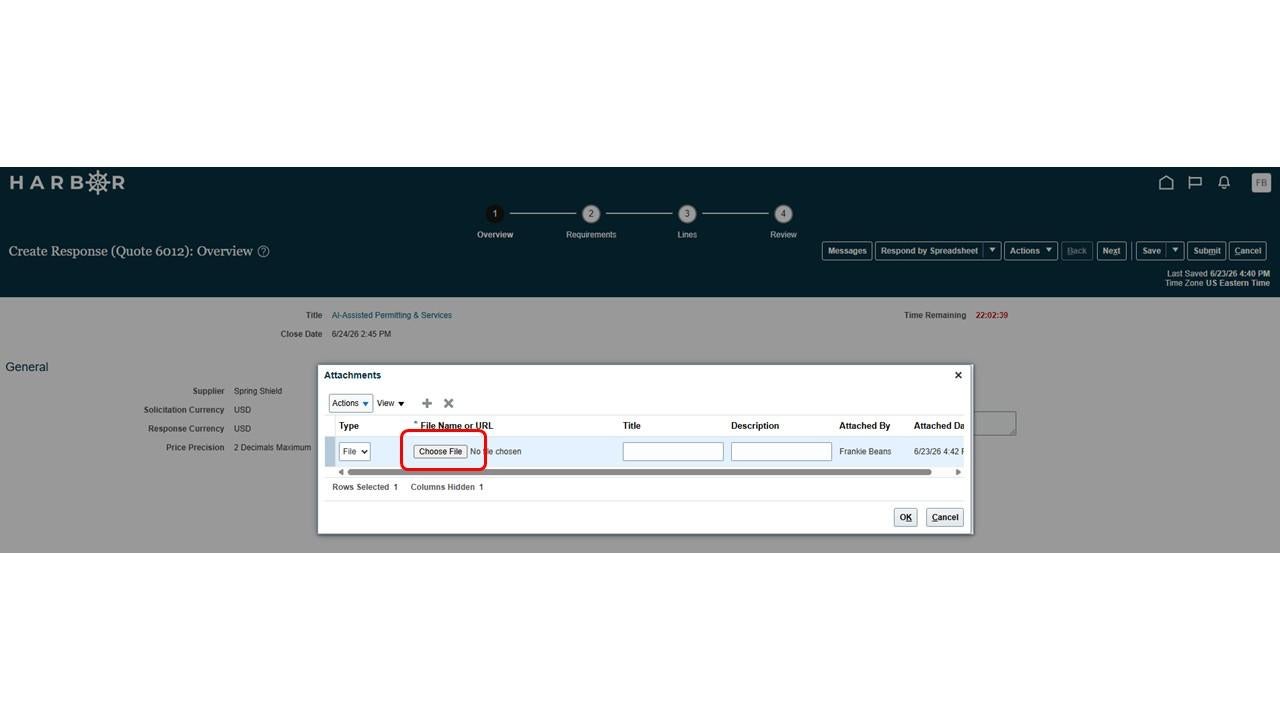 The "Submit RFP 8.JPG" image shows a HARBOR Attachments modal dialog with the "Choose File" button highlighted in red.