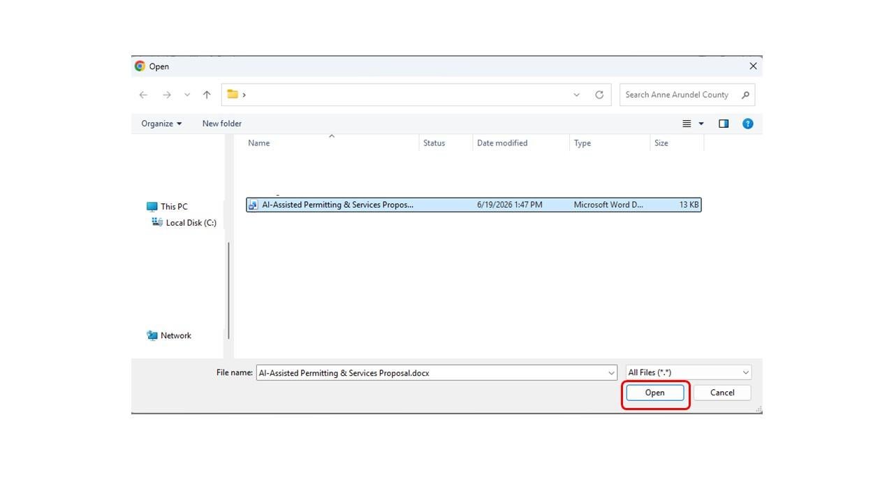 The "Submit RFP 9.JPG" image shows a file upload dialog with a selected Word document and the "Open" button highlighted in red.