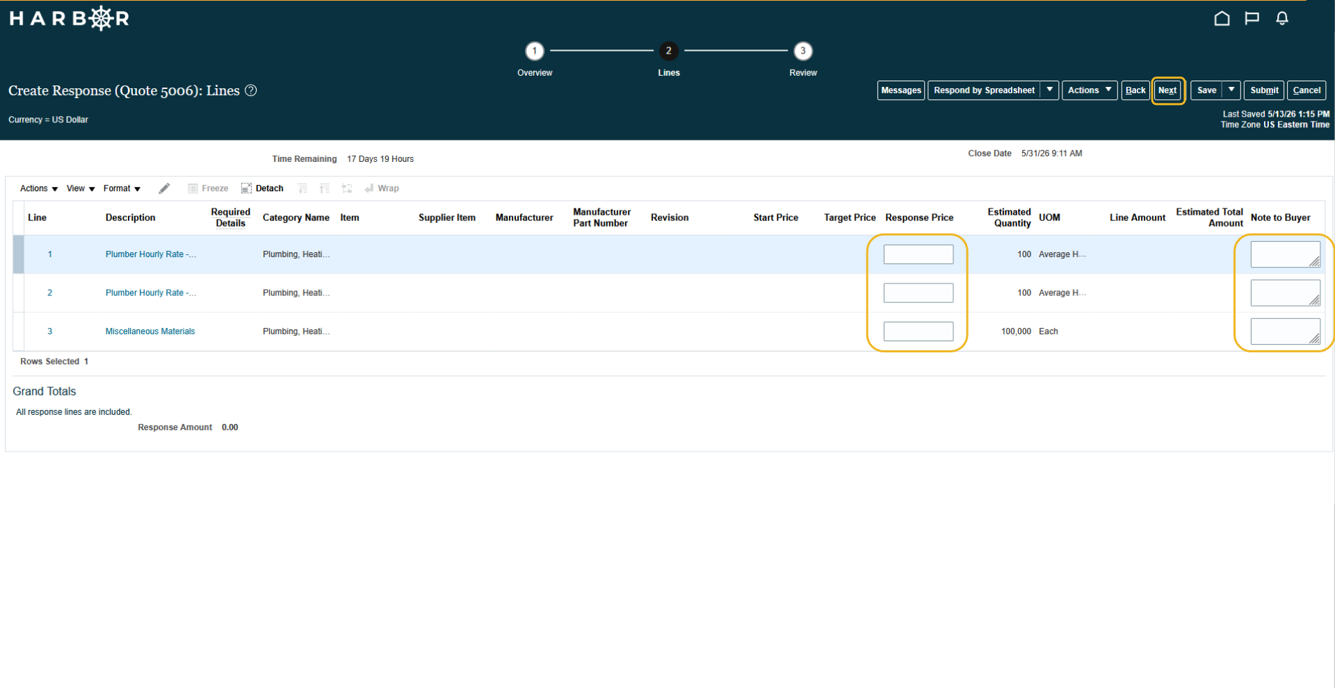 The "10 - Viewing Active Solicitations.png" image shows the HARBOR "Create Response: Lines" page with "Response Price" and "Note to Buyer" fields highlighted in yellow.