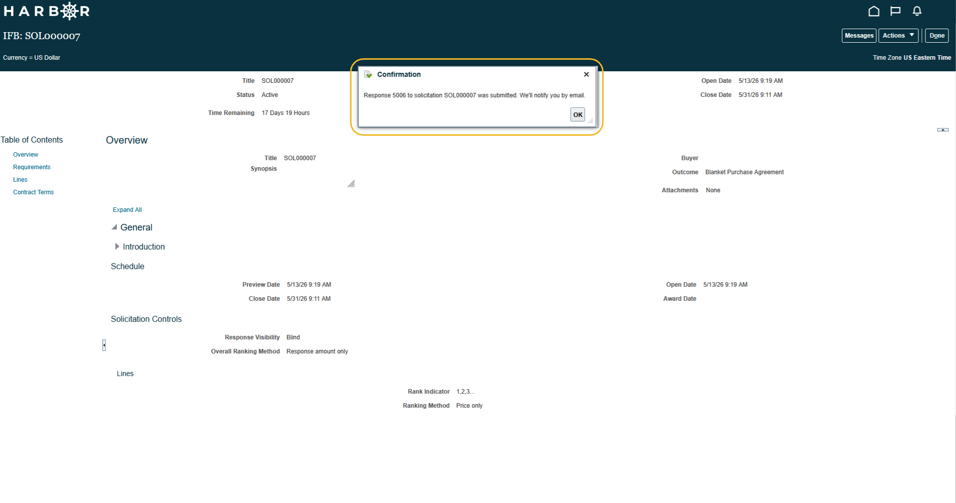 The "12 - Viewing Active Solicitations.png" image shows the HARBOR overview page with a highlighted submission "Confirmation" pop-up box.