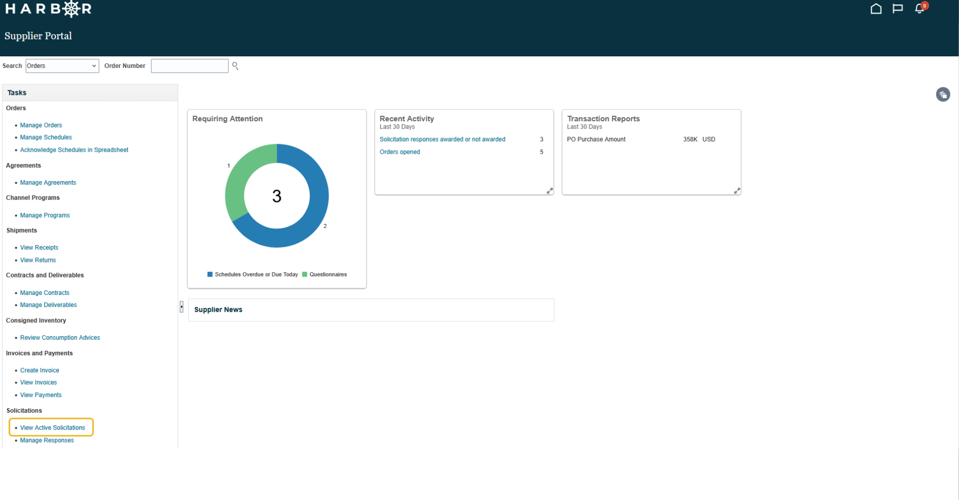 The "3 - Viewing Active Solicitations.png" image shows the HARBOR Supplier Portal dashboard with "View Active Solicitations" highlighted.