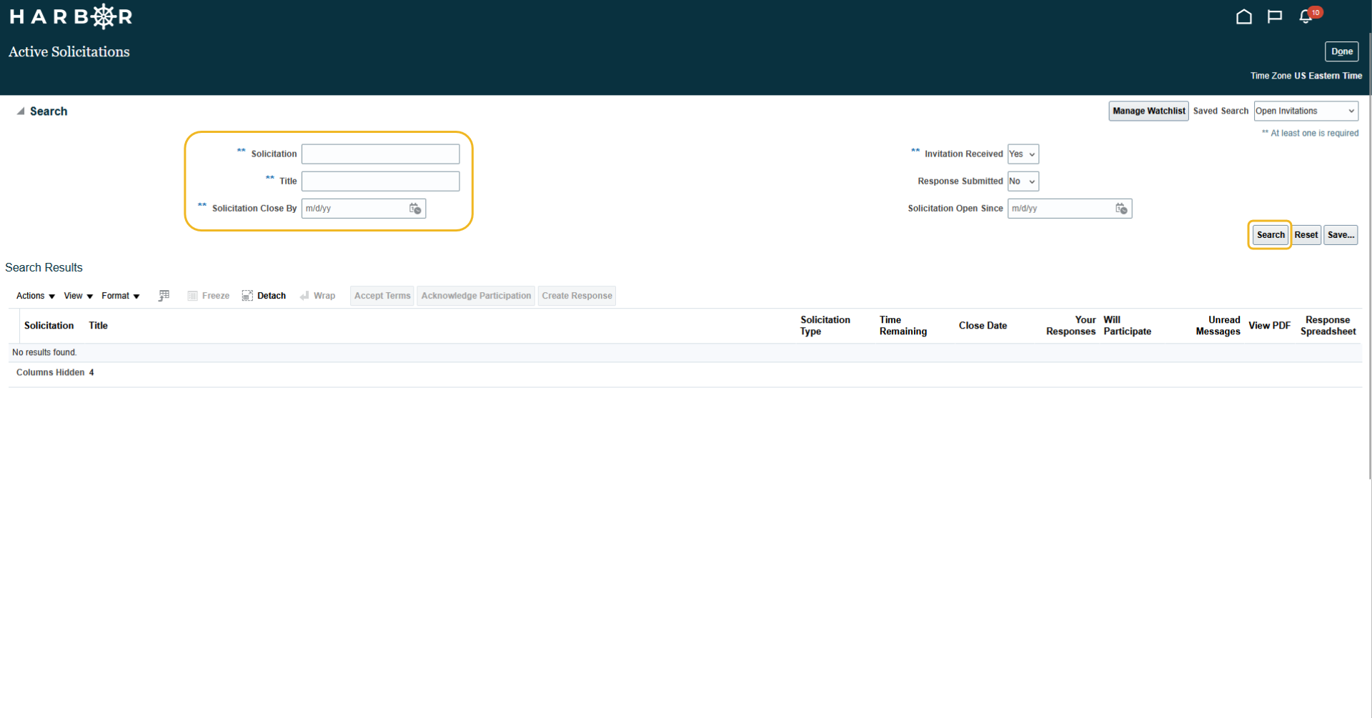 The "4 - Viewing Active Solicitations.png" image shows the HARBOR "Active Solicitations" search fields and "Search" button highlighted in yellow.