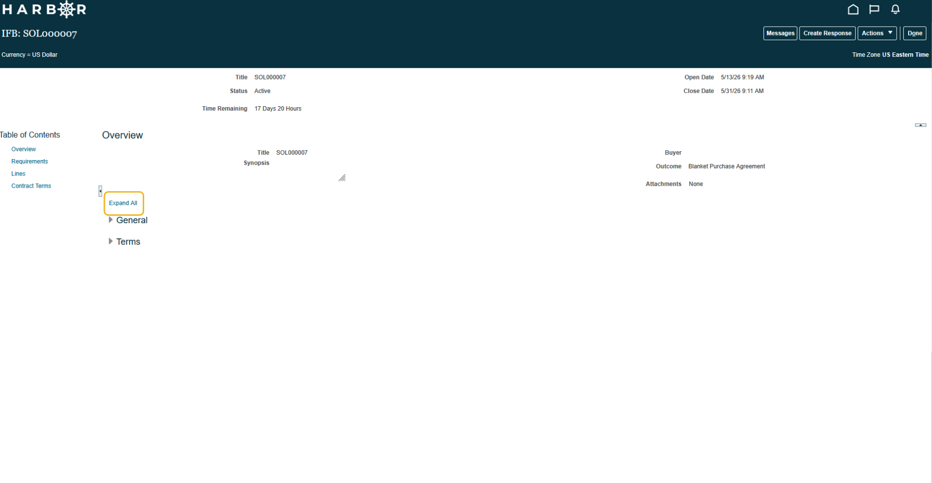 The "6 - Viewing Active Solicitations.png" image shows the HARBOR solicitation overview page with the "Expand All" button highlighted in yellow.