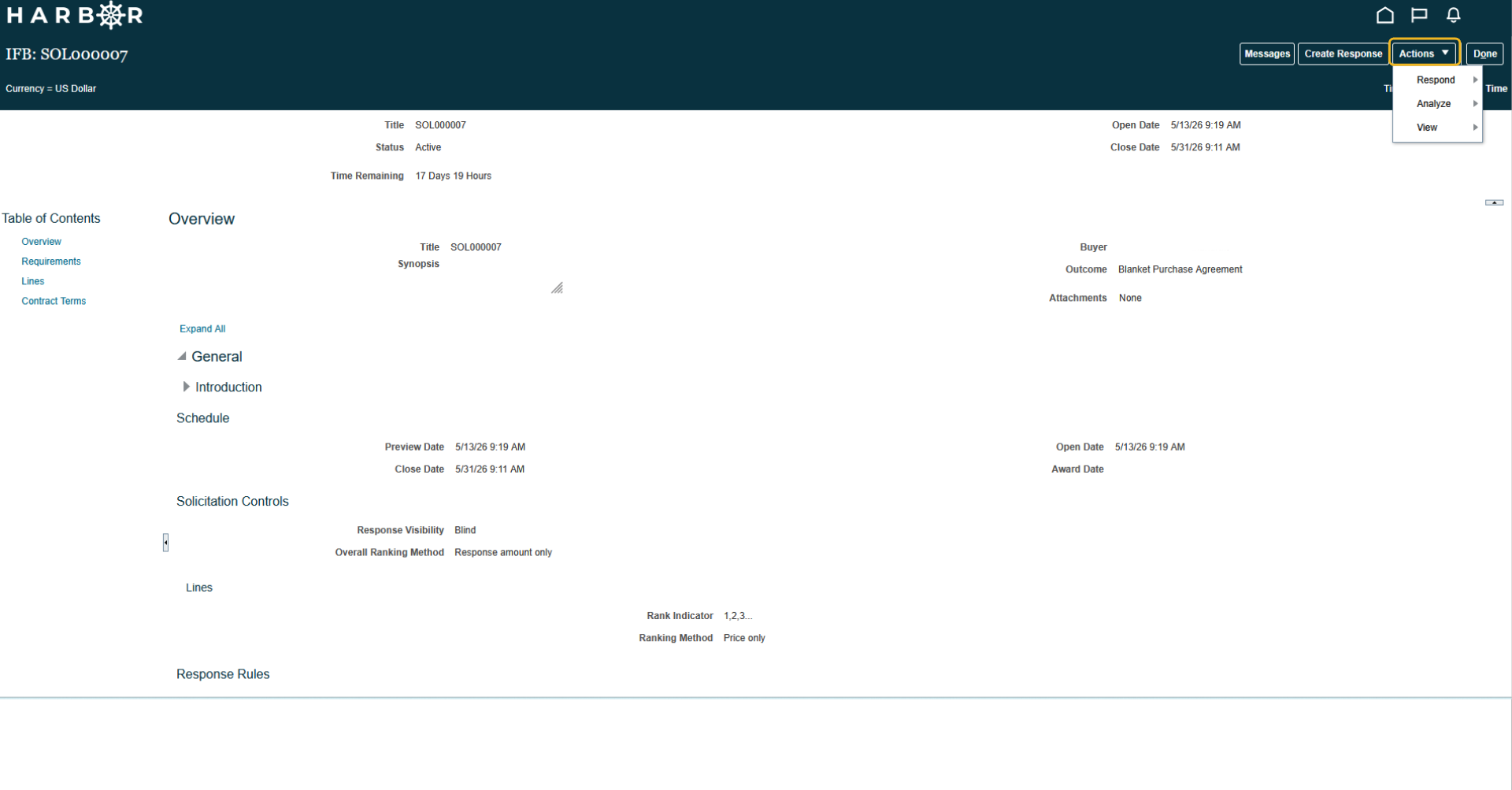 The "7 - Viewing Active Solicitations.png" image shows the HARBOR solicitation overview page with the "Actions" dropdown menu highlighted in yellow.